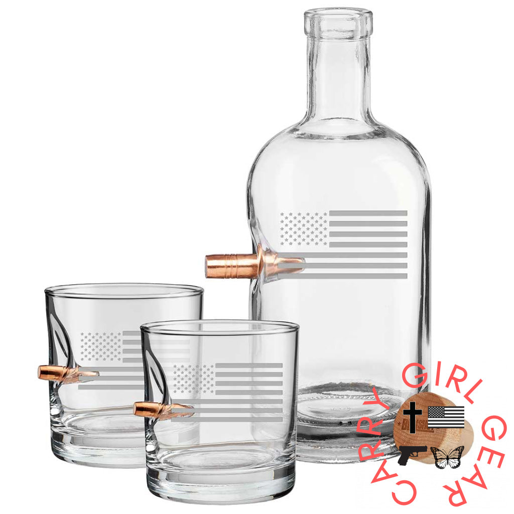 Us Flag Decanter And Two Rocks Glasses