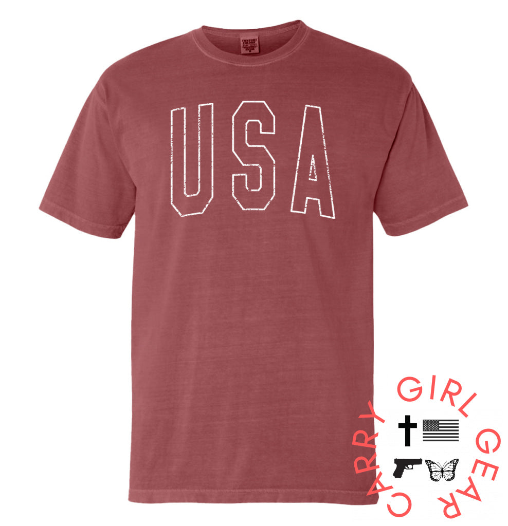 USA Collegiate Solid White (Front) Comfort Colors Tee / Crimson / S NC - Apparel