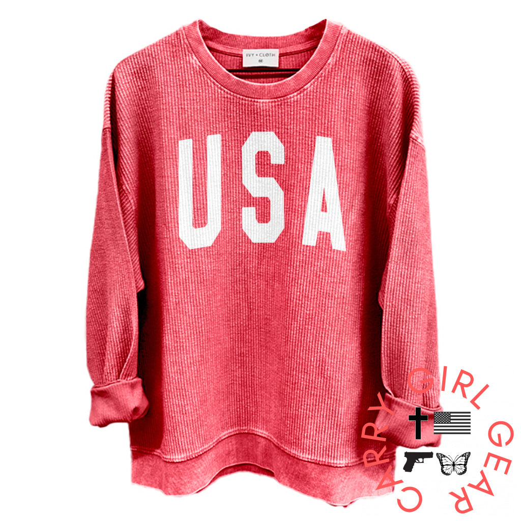 USA Collegiate Solid White (Front) Oversized Corded Crew / Red / S NC - Apparel