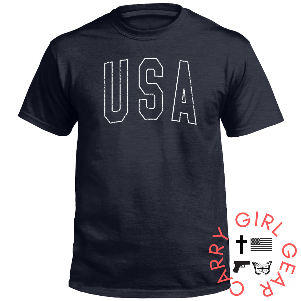 USA Collegiate Solid White (Front) Tee / Heather Navy / S NC - Apparel