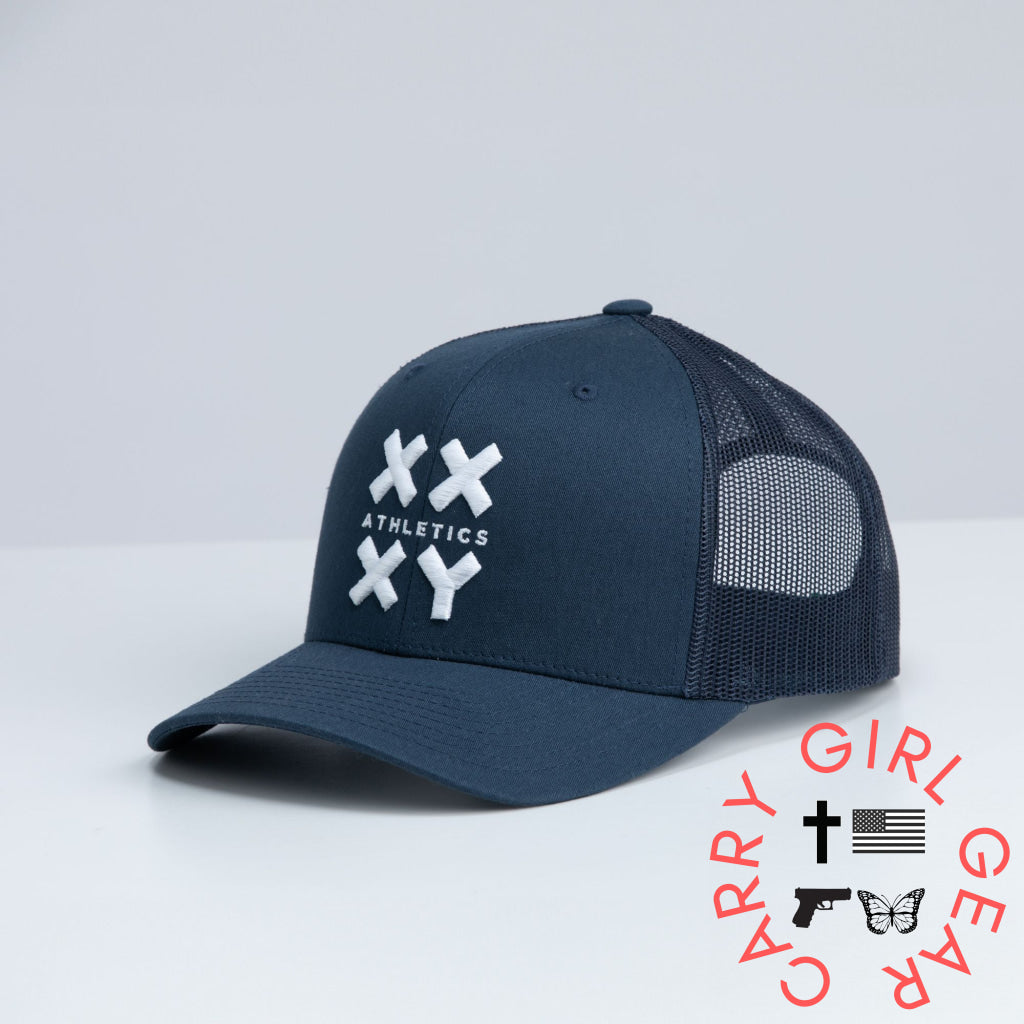 White Logo Trucker Cap on Navy Navy with White Logo ONE