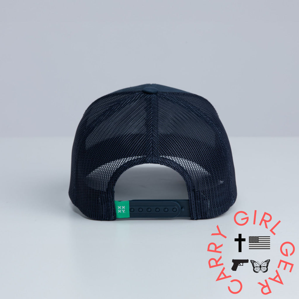 White Logo Trucker Cap on Navy Navy with White Logo ONE