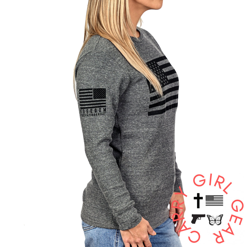 Women’s American Flag Long Sleeve Patriotic Thermal - Boyfriend Fit T-Shirt