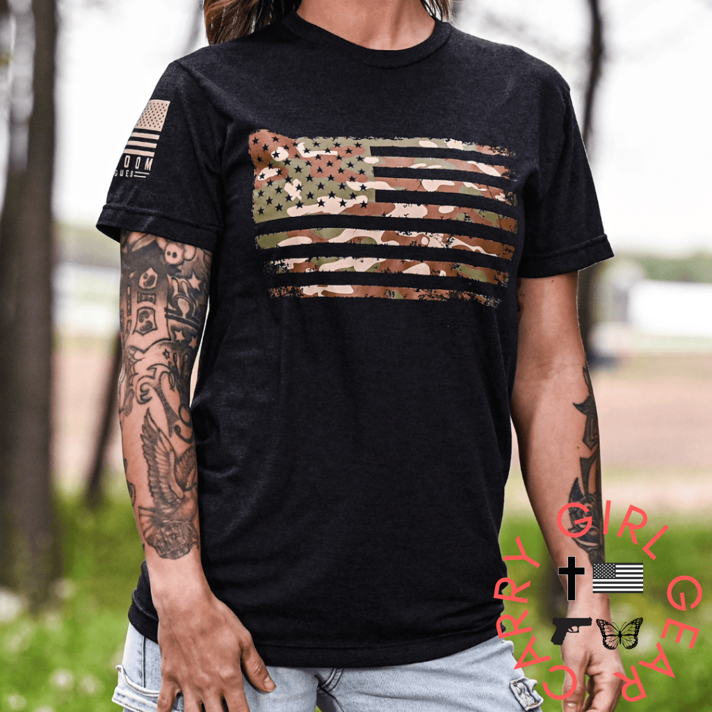 Women’s Camo American Flag Boyfriend Fit Patriotic T-Shirt