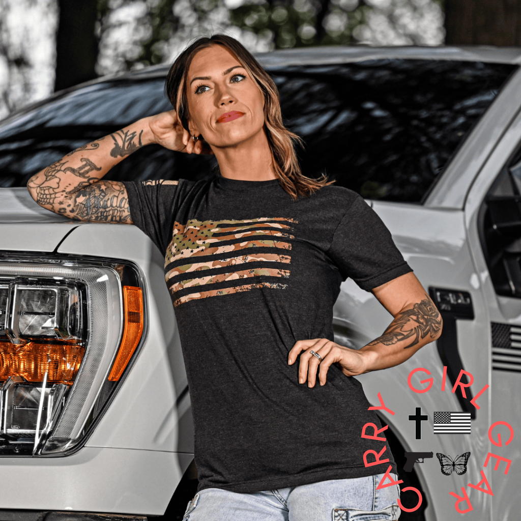Women’s Camo American Flag Boyfriend Fit Patriotic T-Shirt