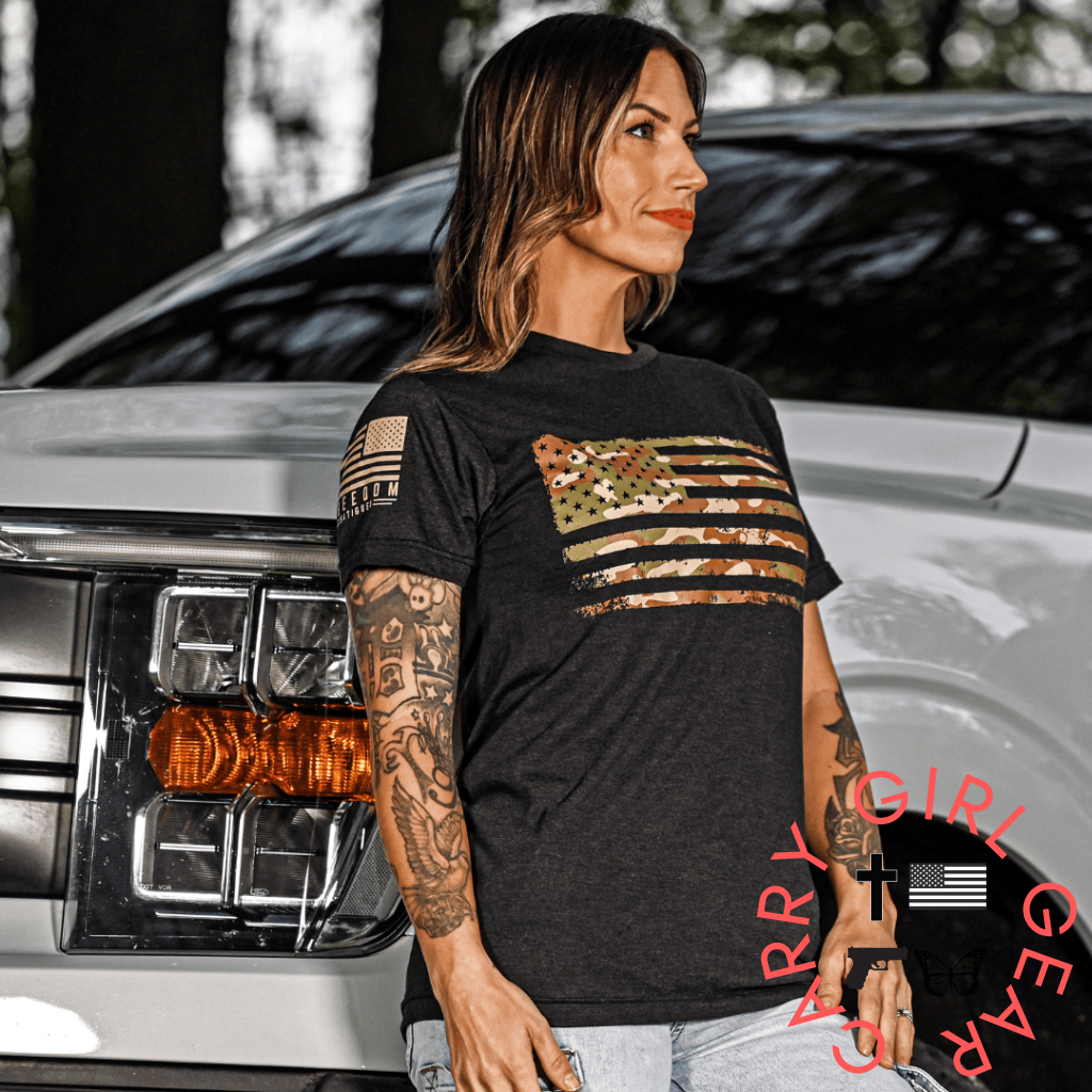 Women’s Camo American Flag Boyfriend Fit Patriotic T-Shirt