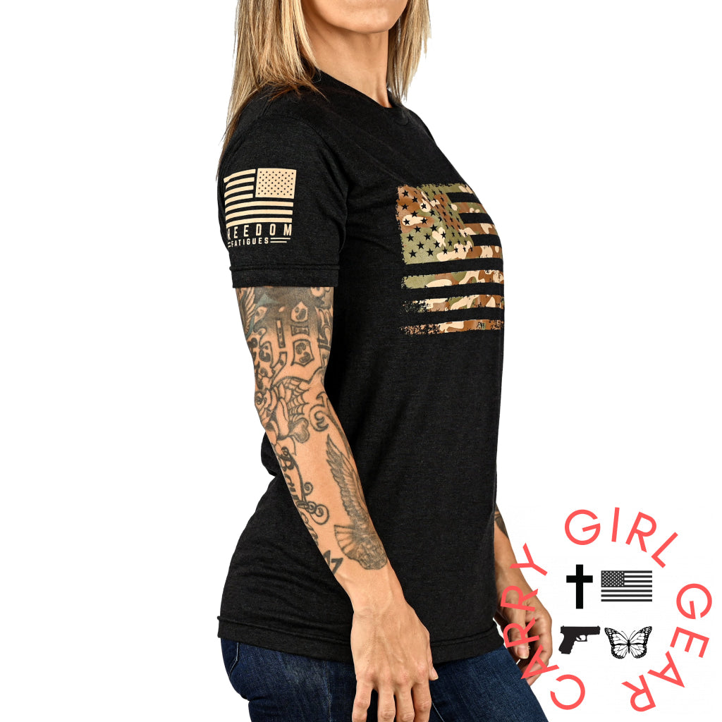 Women’s Camo American Flag Boyfriend Fit Patriotic T-Shirt