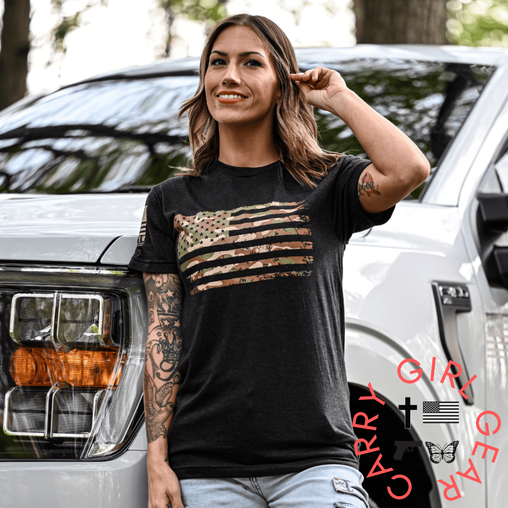 Women’s Camo American Flag Boyfriend Fit Patriotic T-Shirt