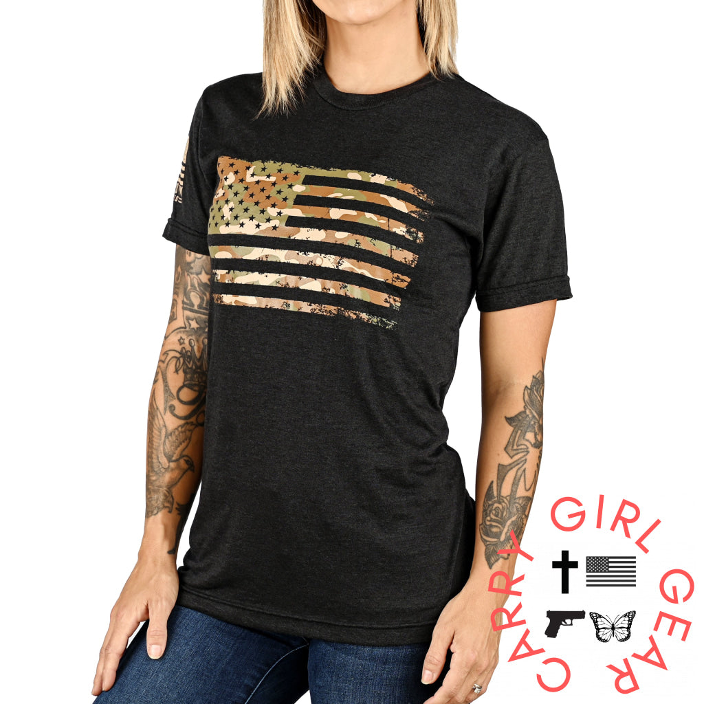 Women’s Camo American Flag Boyfriend Fit Patriotic T-Shirt
