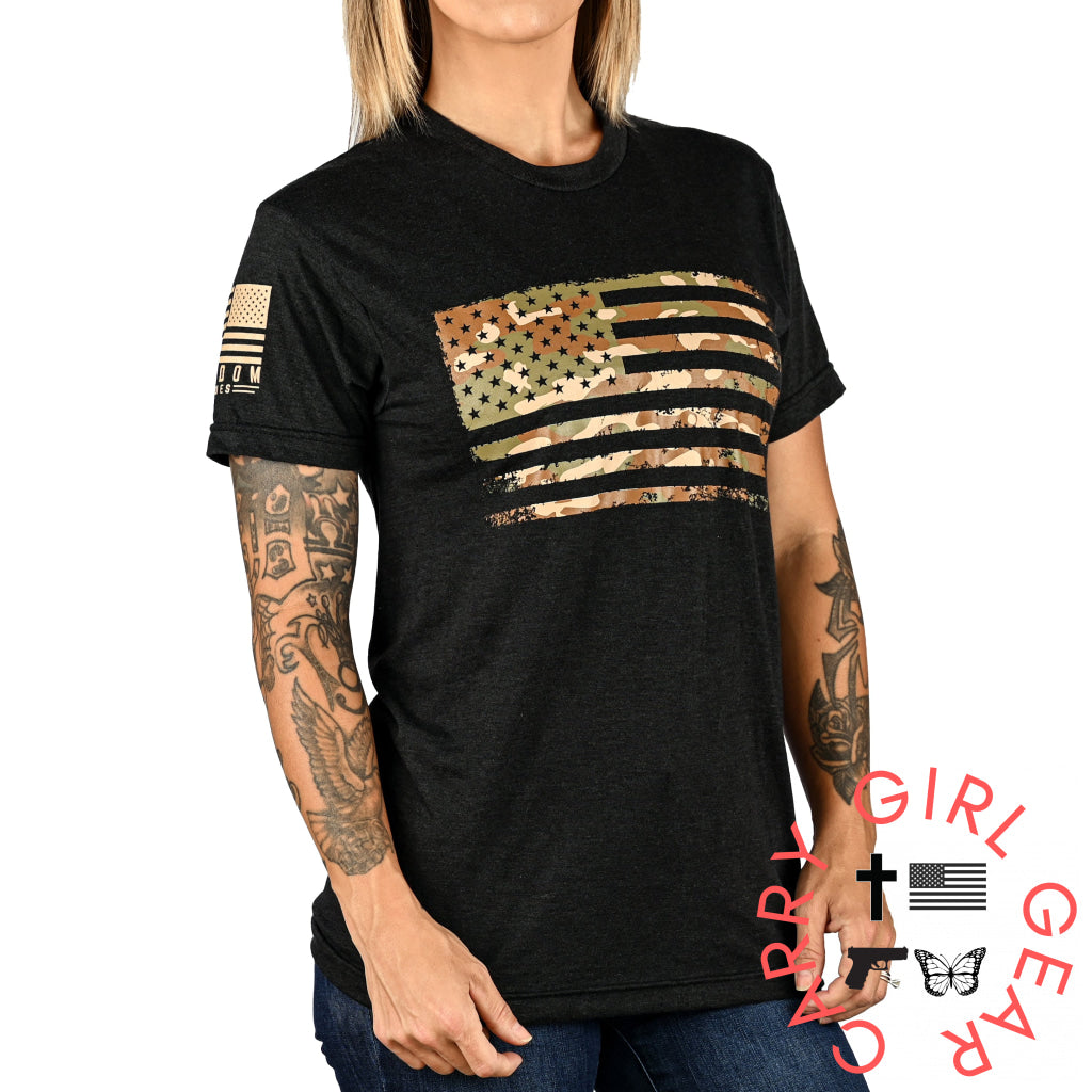 Women’s Camo American Flag Boyfriend Fit Patriotic T-Shirt