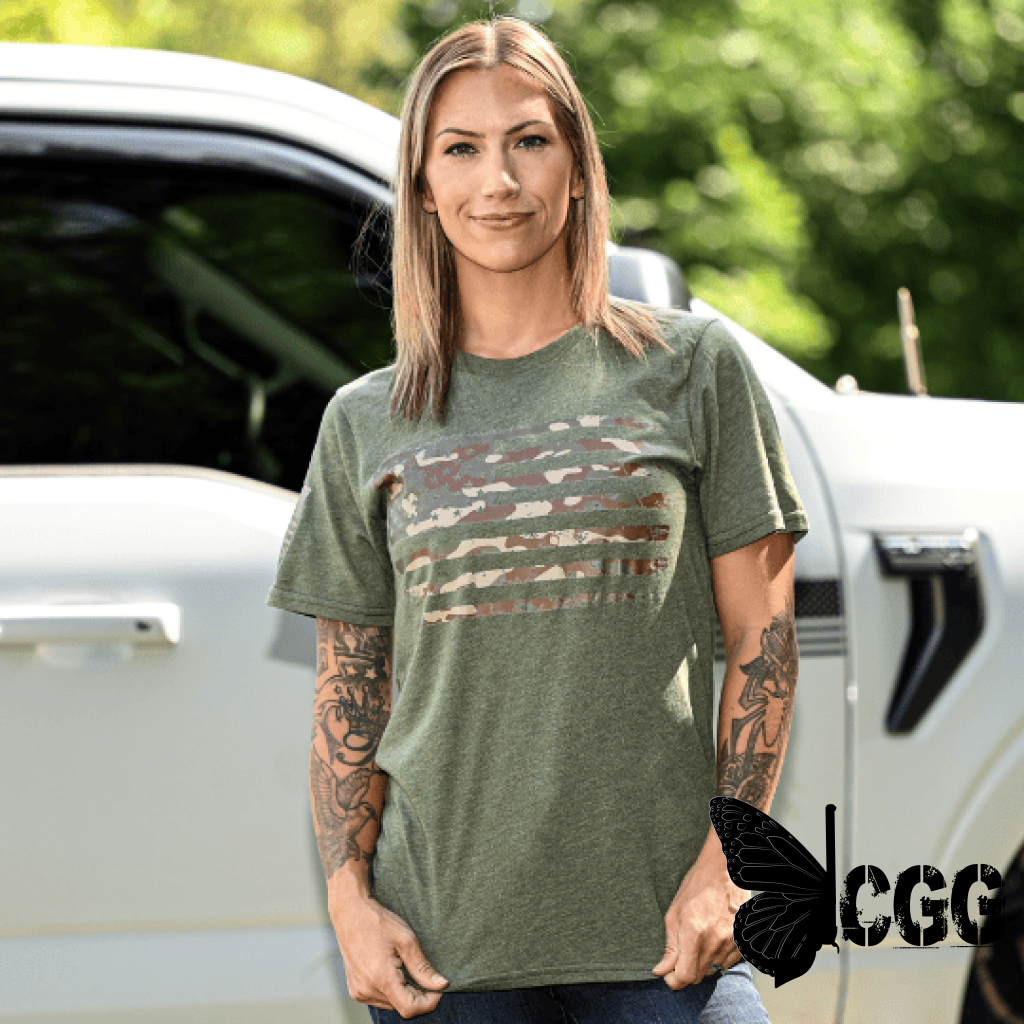 Women’s Camo American Flag Patriotic Boyfriend Fit T-Shirt (Army Green)