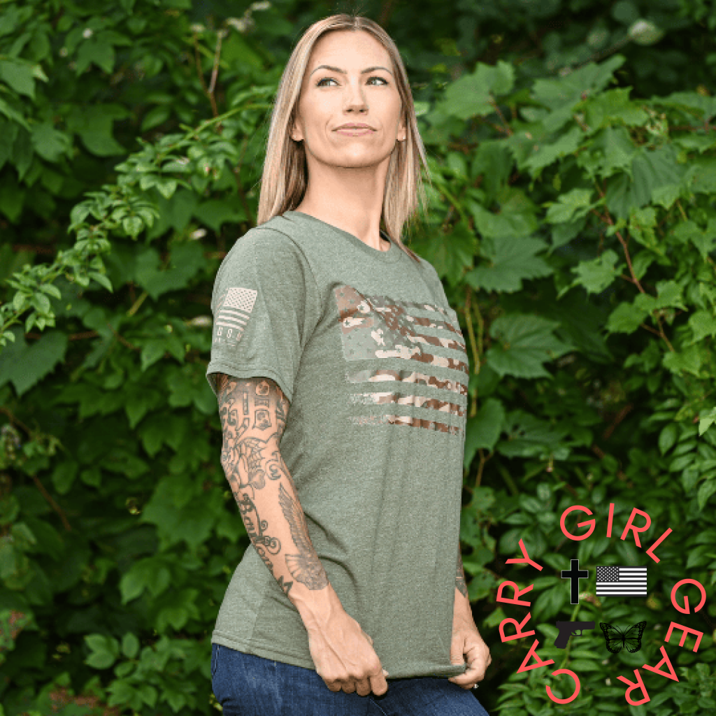 Women’s Camo American Flag Patriotic Boyfriend Fit T-Shirt (Army Green)