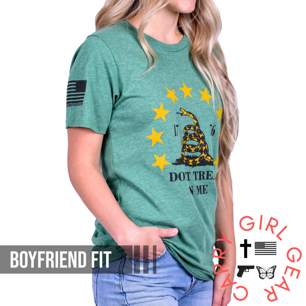 Women’s Don’t Tread On Me Patriotic Boyfriend Fit T-Shirt (Heather Green)
