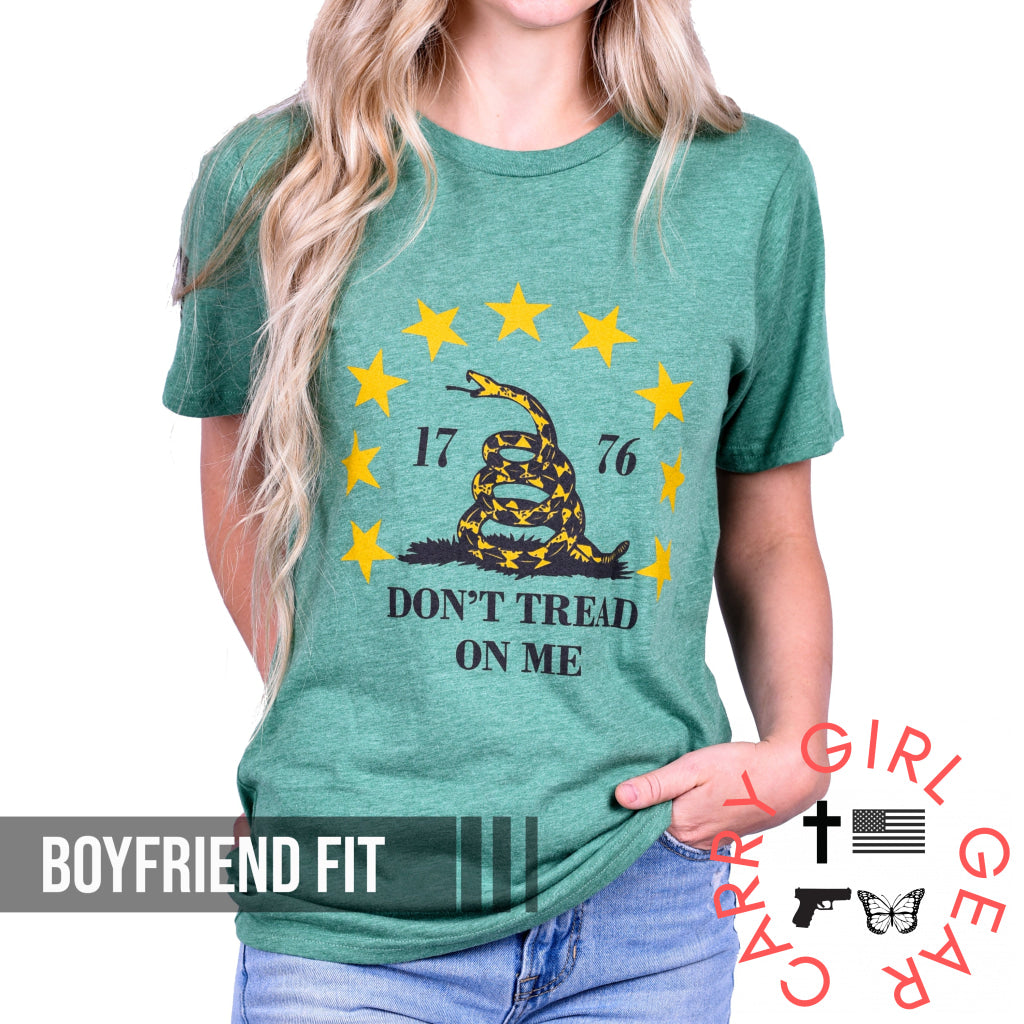 Women’s Don’t Tread On Me Patriotic Boyfriend Fit T-Shirt (Heather Green) Xs