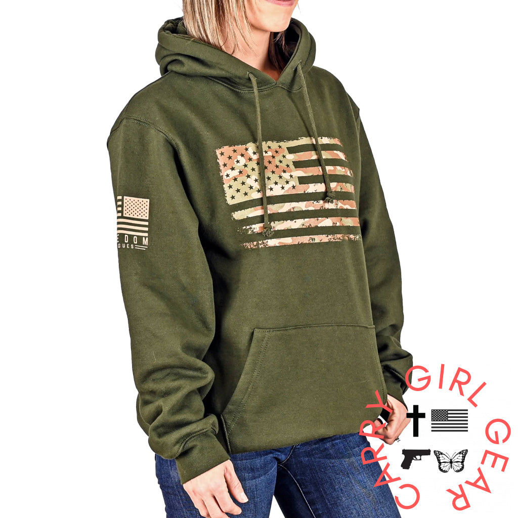 Women’s Heavyweight Oversized Arid Camo Flag Hoodie (Od Green) Sweatshirt