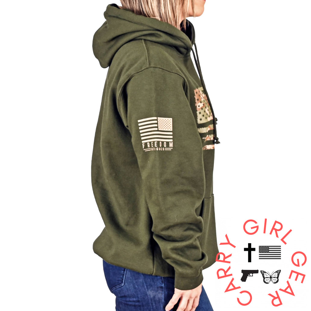 Women’s Heavyweight Oversized Arid Camo Flag Hoodie (Od Green) Sweatshirt