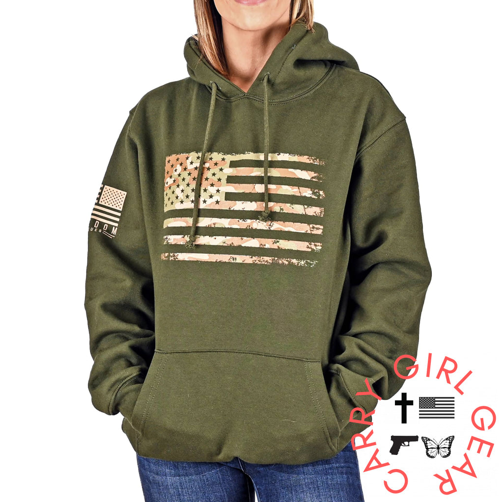 Women’s Heavyweight Oversized Arid Camo Flag Hoodie (Od Green) Sweatshirt