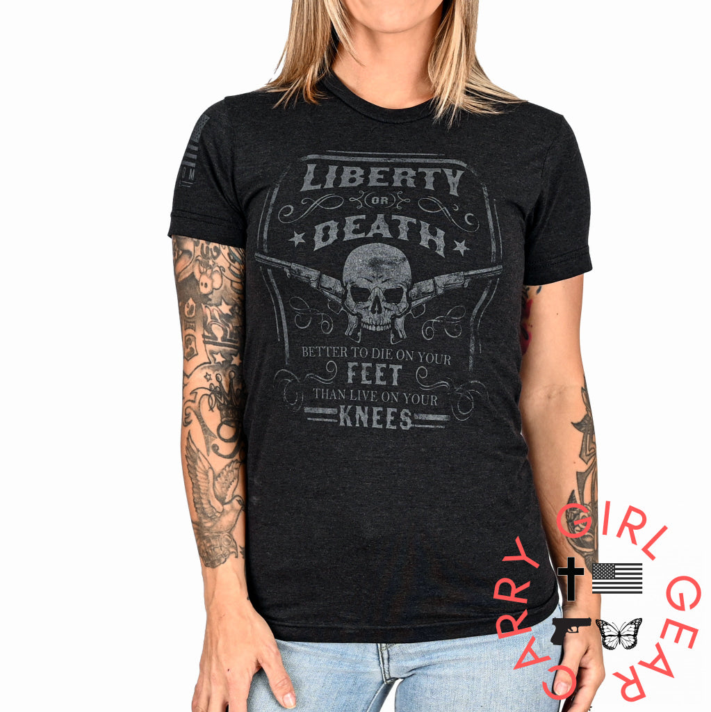 Women’s Liberty Or Death Patriotic Boyfriend Fit T-Shirt (Black On Black)