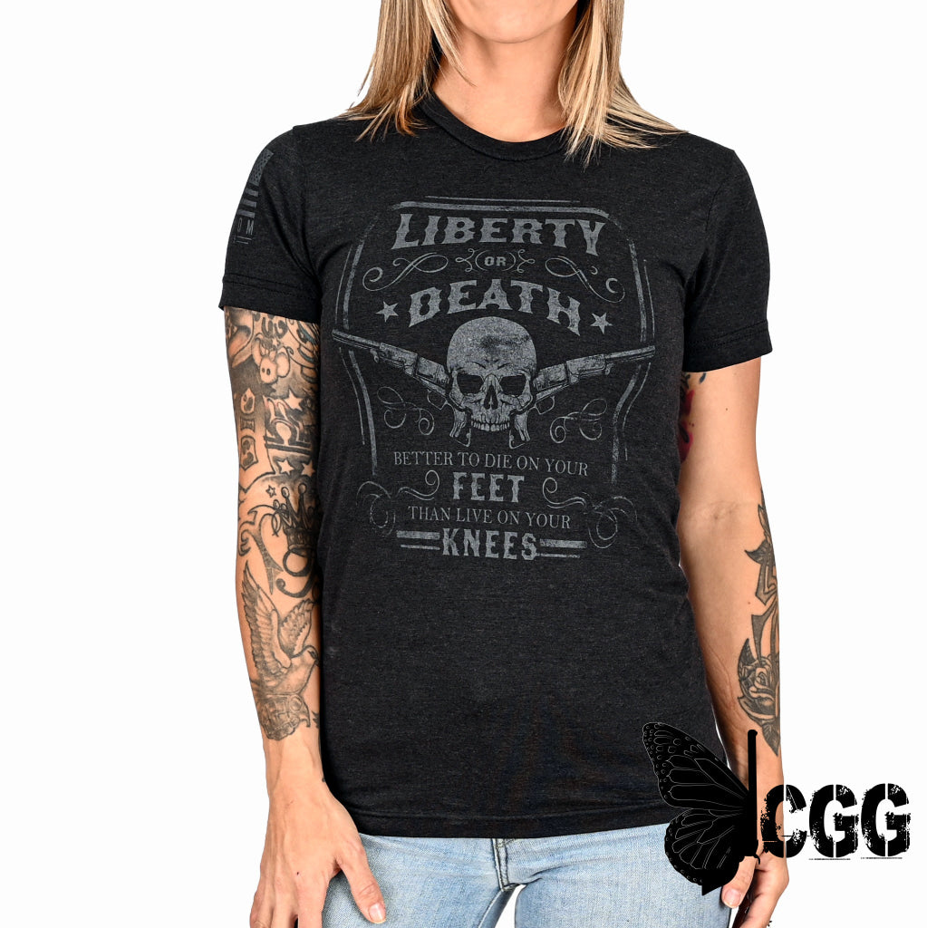 Women’s Liberty Or Death Patriotic Boyfriend Fit T-Shirt (Black On Black) Xs