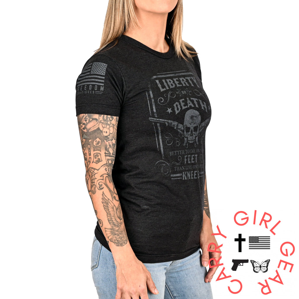 Women’s Liberty Or Death Patriotic Boyfriend Fit T-Shirt (Black On Black)