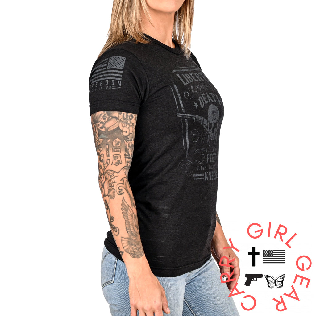 Women’s Liberty Or Death Patriotic Boyfriend Fit T-Shirt (Black On Black)