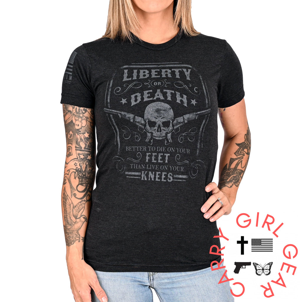 Women’s Liberty Or Death Patriotic Boyfriend Fit T-Shirt (Black On Black) Xs