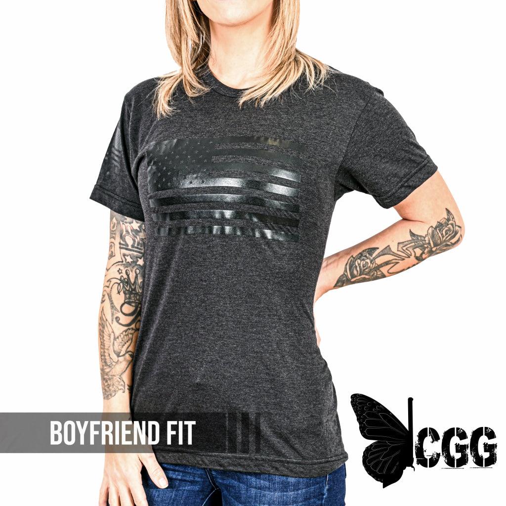 Women’s Murdered Out American Flag Boyfriend Fit Patriotic T-Shirt - Heather Black