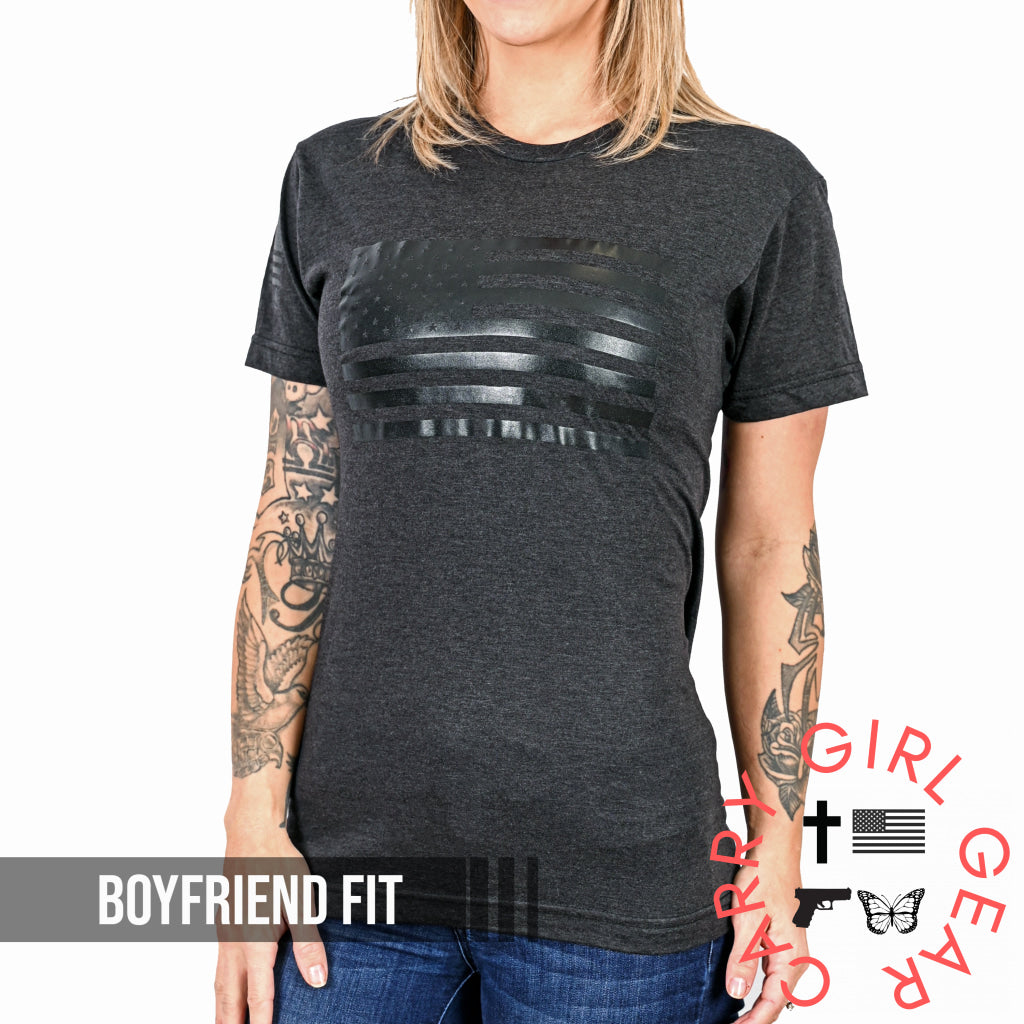 Women’s Murdered Out American Flag Boyfriend Fit Patriotic T-Shirt - Heather Black