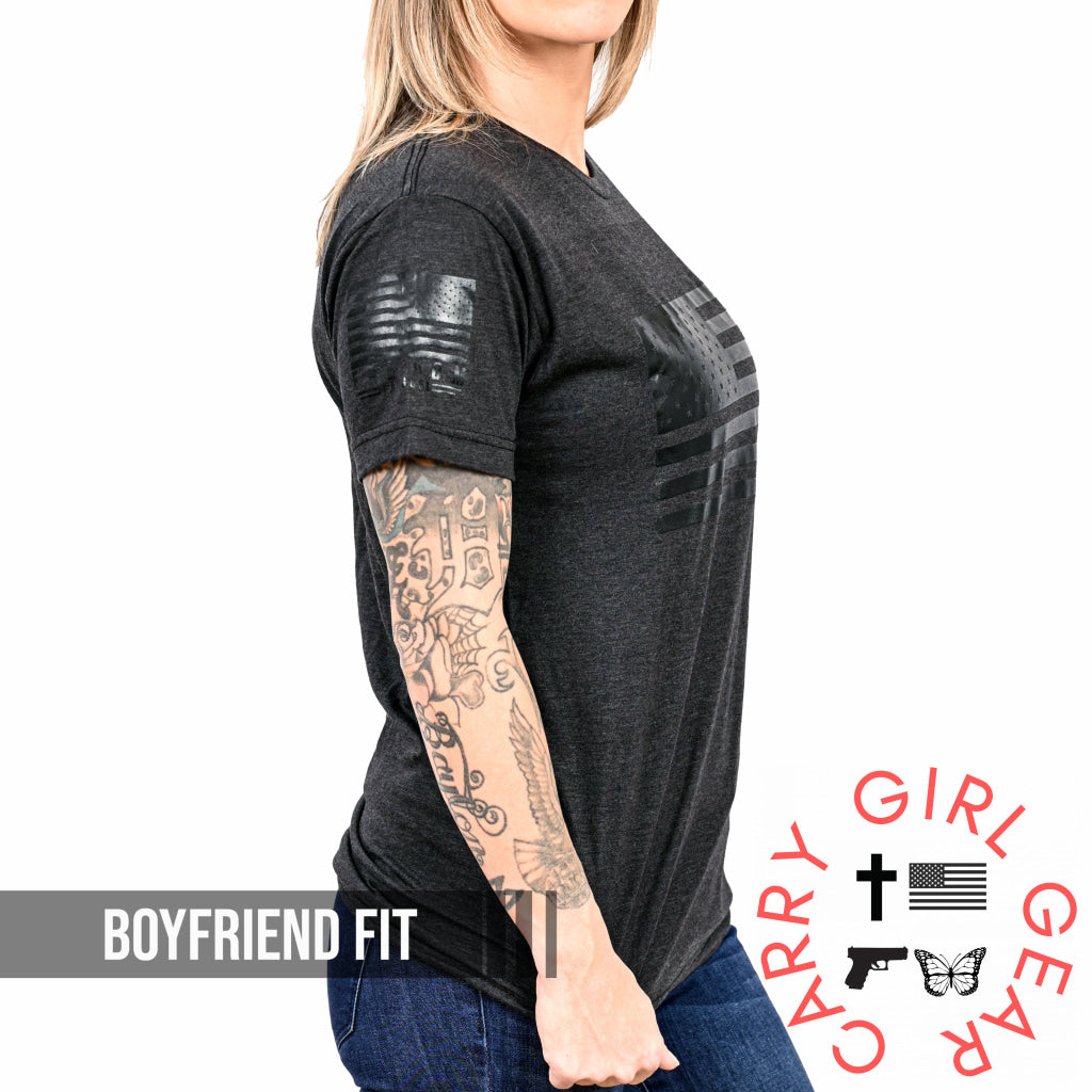 Women’s Murdered Out American Flag Boyfriend Fit Patriotic T-Shirt - Heather Black