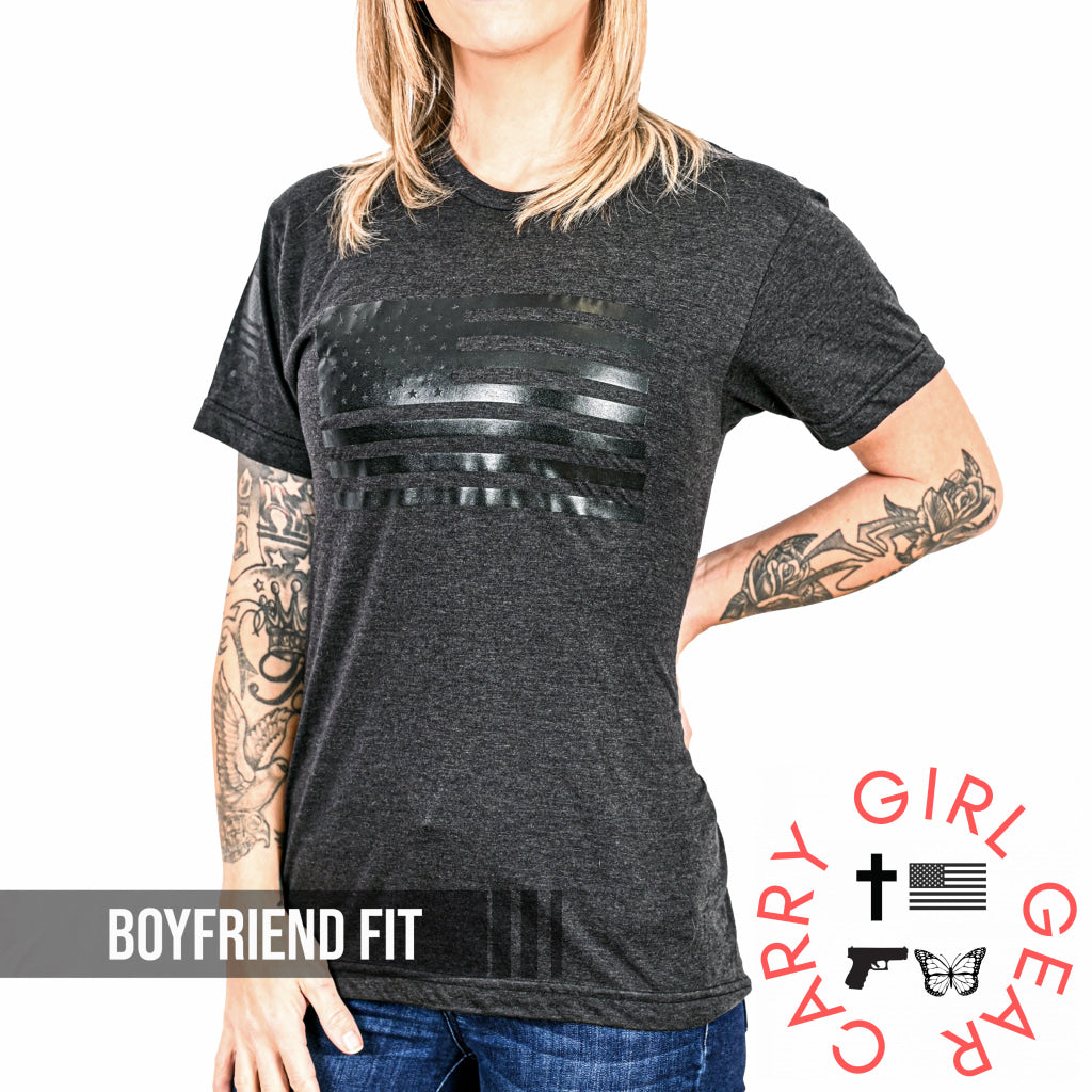 Women’s Murdered Out American Flag Boyfriend Fit Patriotic T-Shirt - Heather Black