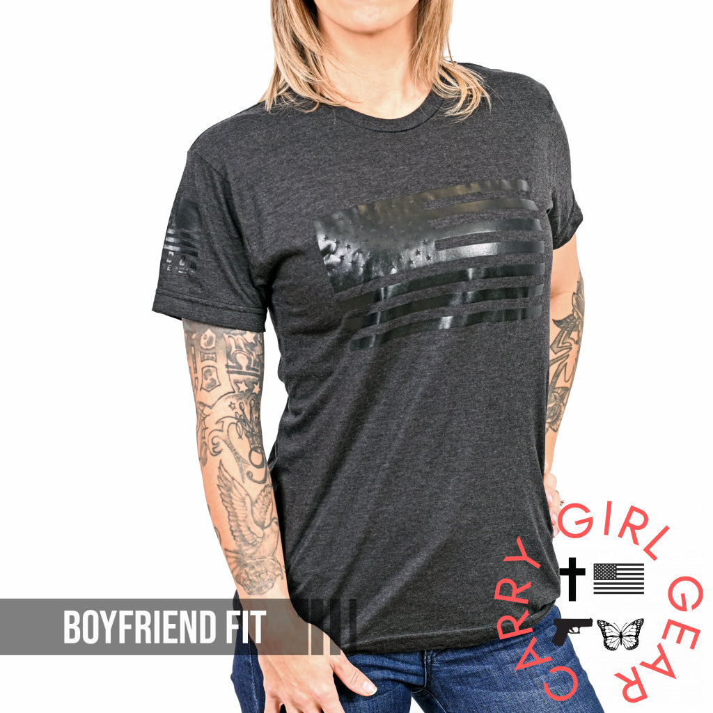 Women’s Murdered Out American Flag Boyfriend Fit Patriotic T-Shirt - Heather Black S