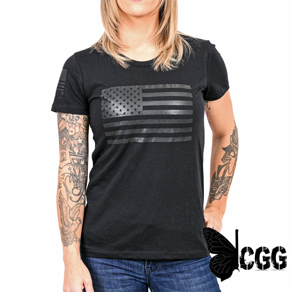 Women’s Murdered Out American Flag Patriotic T-Shirt Xs