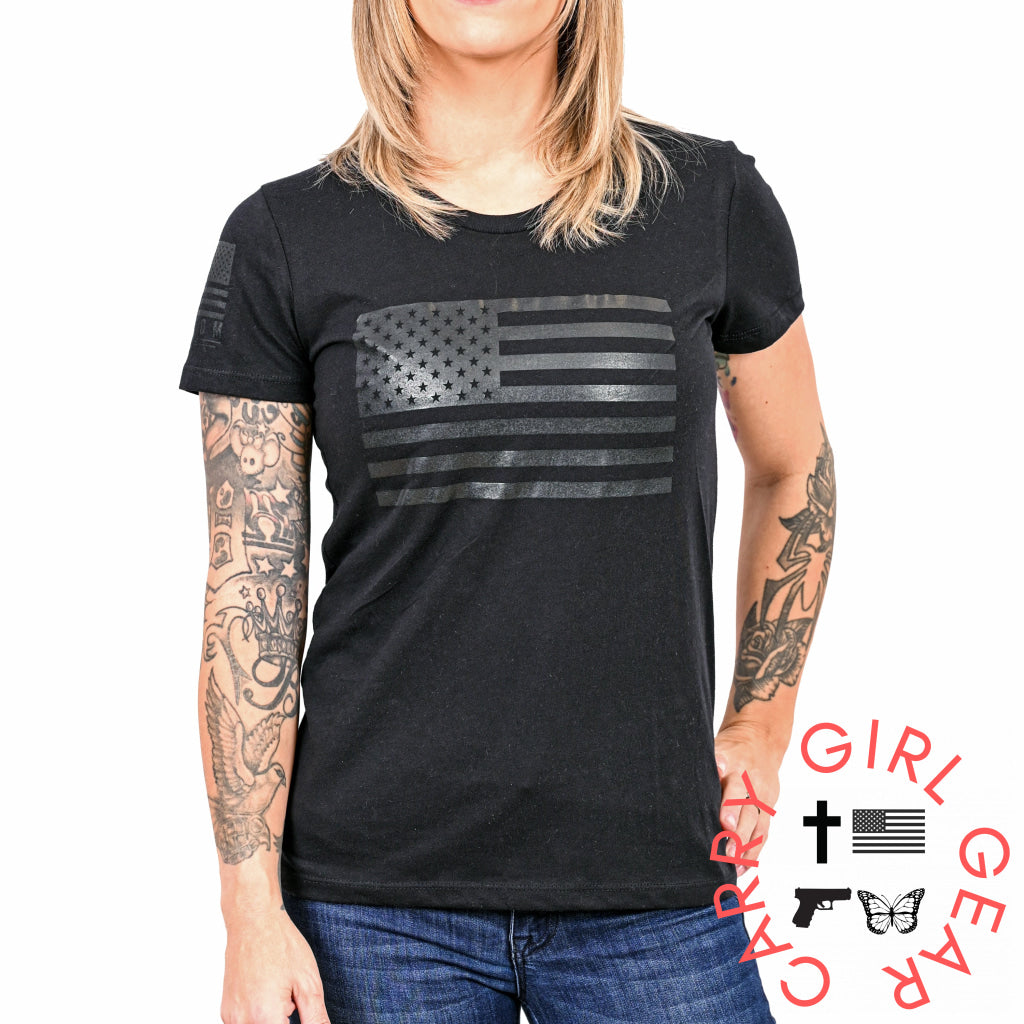 Women’s Murdered Out American Flag Patriotic T-Shirt Xs